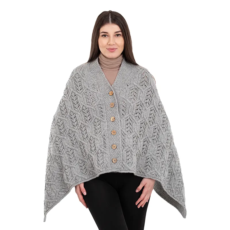 A10104 Side Buttons Irish V-Shaped Poncho GREY with Front Buttons Style Gaelsong 