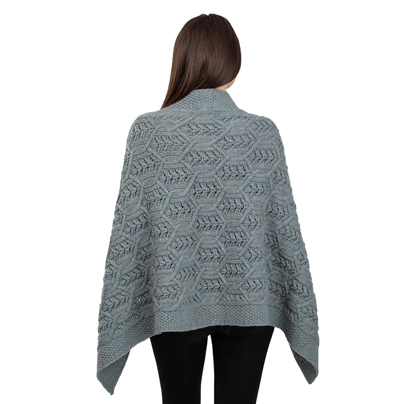 A10104 Side Buttons Irish V-Shaped Poncho MISTY BLUE with Front Buttons Style Back Side View Gaelsong 