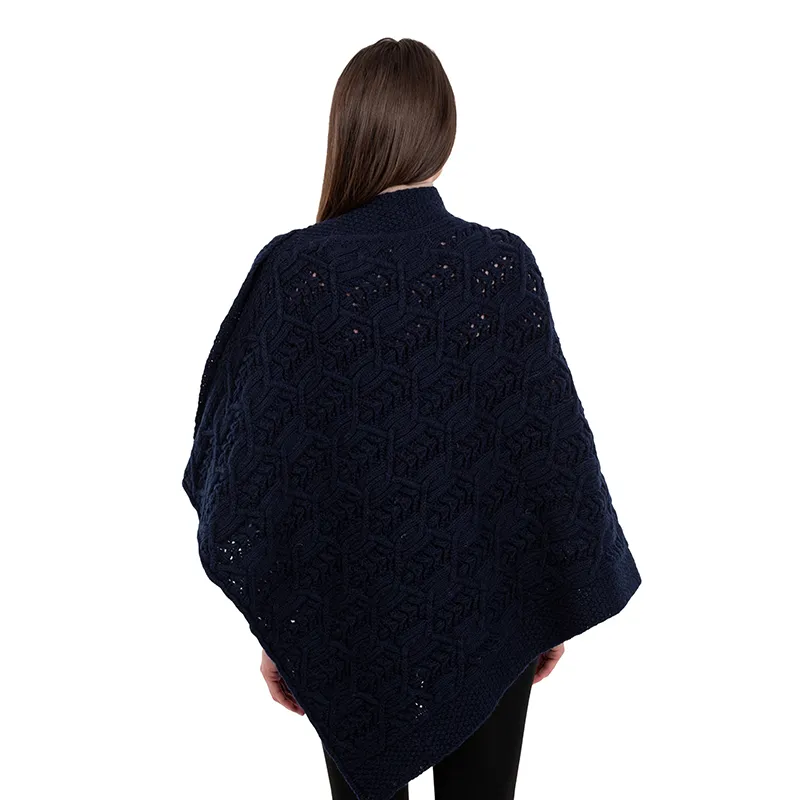 A10104 Side Buttons Irish V-Shaped Poncho NAVY BLUE with Side Buttons Style Back Side View Gaelsong 