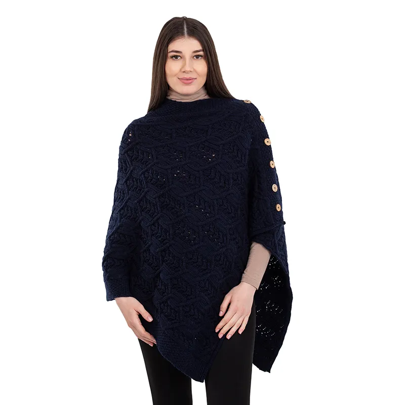 A10104 Side Buttons Irish V-Shaped Poncho NAVY BLUE with Side Buttons Style Gaelsong 