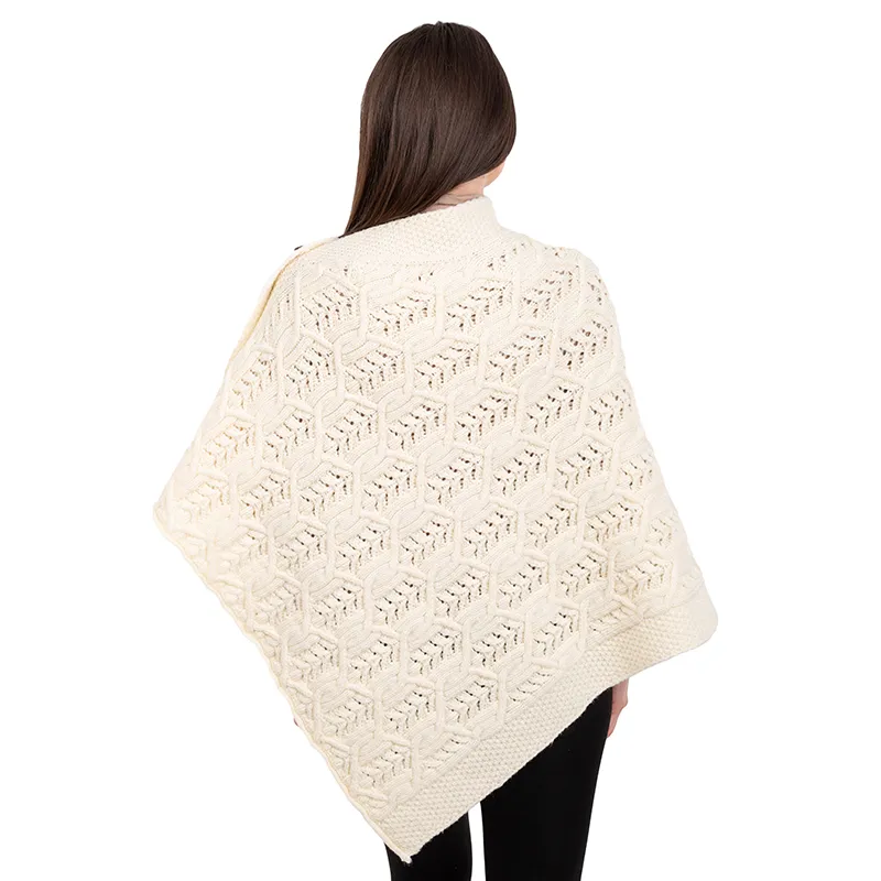 A10104 Side Buttons Irish V-Shaped Poncho NATURAL WHITE with Side Buttons Style Back Side View Gaelsong 