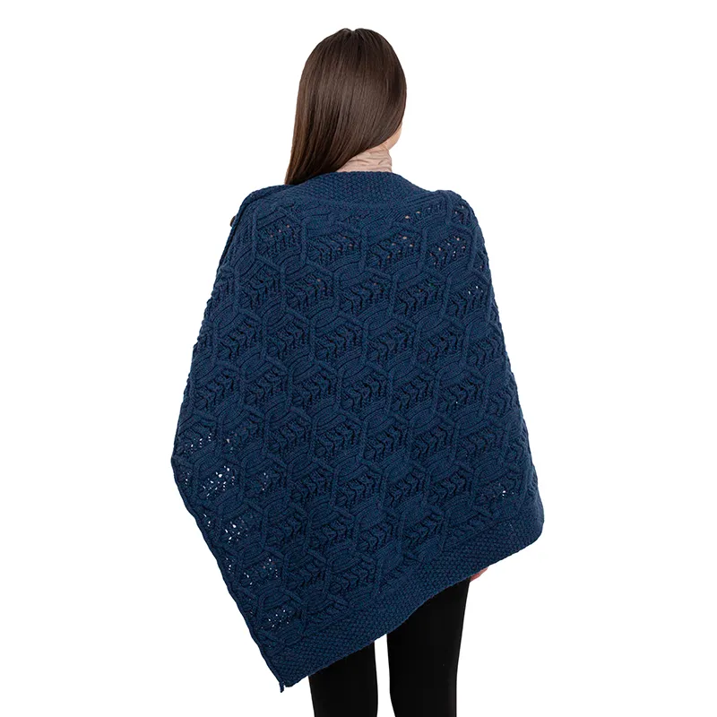A10104 Side Buttons Irish V-Shaped Poncho OCEAN BLUE with Side Buttons Style Back Side View Gaelsong 