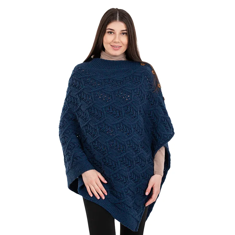 A10104 Side Buttons Irish V-Shaped Poncho OCEAN BLUE with Side Buttons Style Gaelsong 