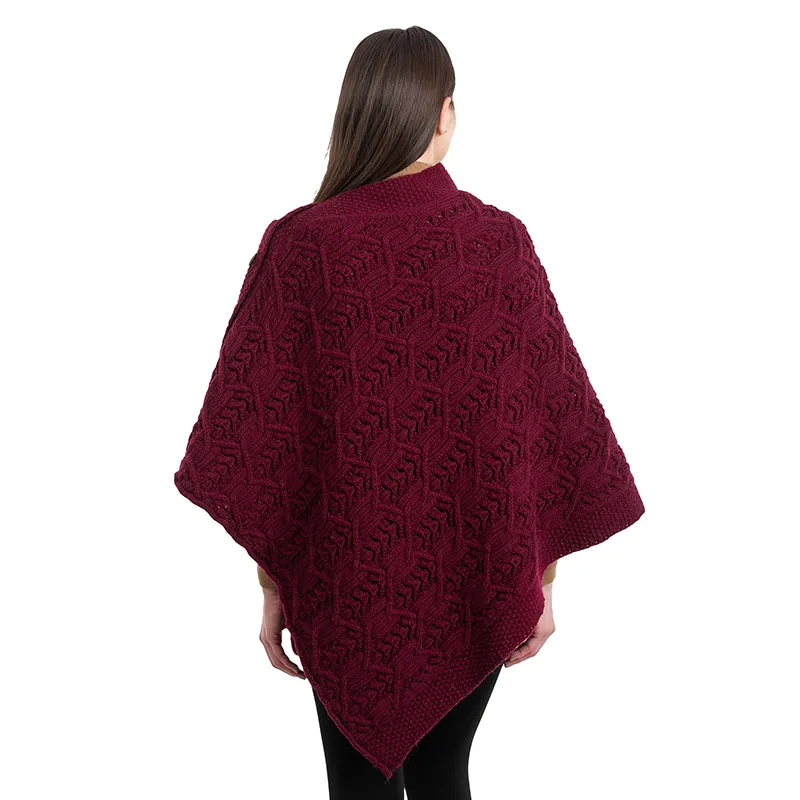 A10104 Side Buttons Irish V-Shaped Poncho WINE with Side Buttons Style Back Side View Gaelsong 