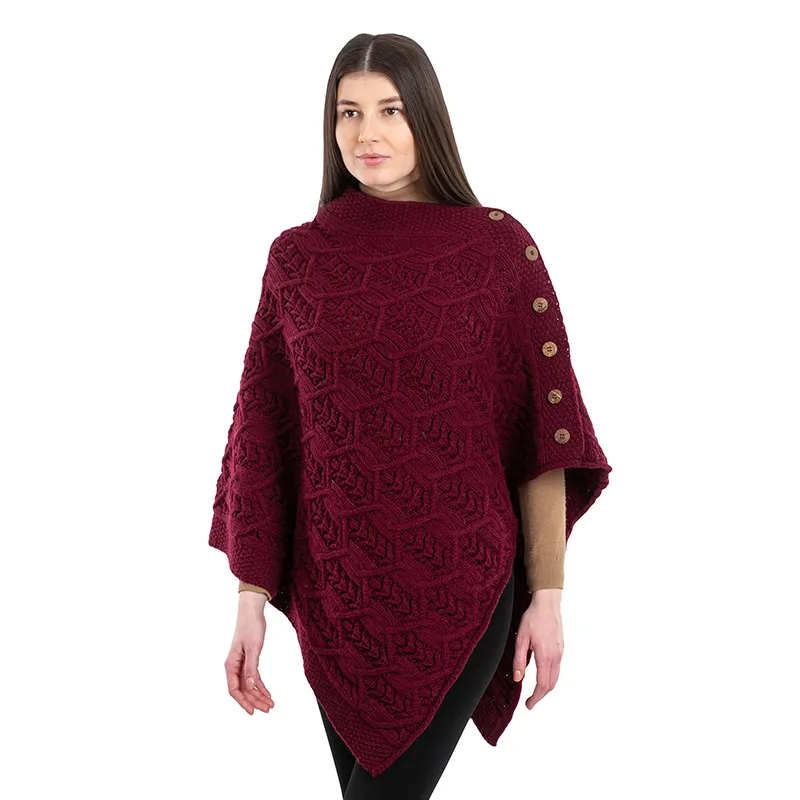 A10104 Side Buttons Irish V-Shaped Poncho WINE with Side Buttons Style Gaelsong 