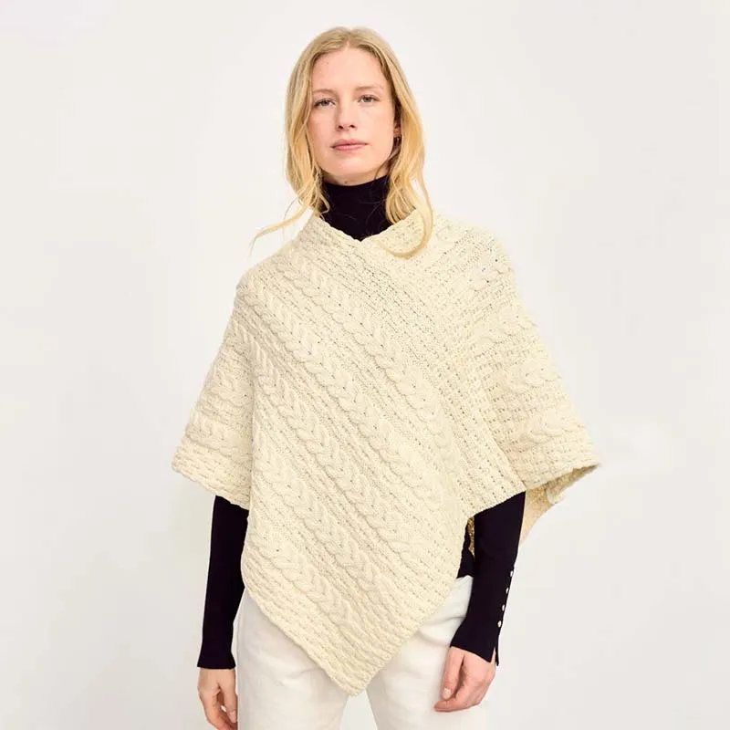 A10108 NATURAL WHITE Colour Merino Wool V-Shaped Aran Cable Poncho Gaelsong