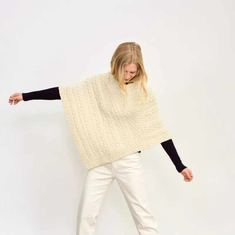 A10108 NATURAL WHITE Colour Merino Wool V-Shaped Aran Cable Poncho Gaelsong