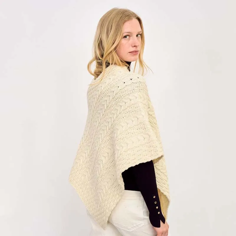 A10108 NATURAL WHITE Colour Merino Wool V-Shaped Aran Cable Poncho Side View Gaelsong