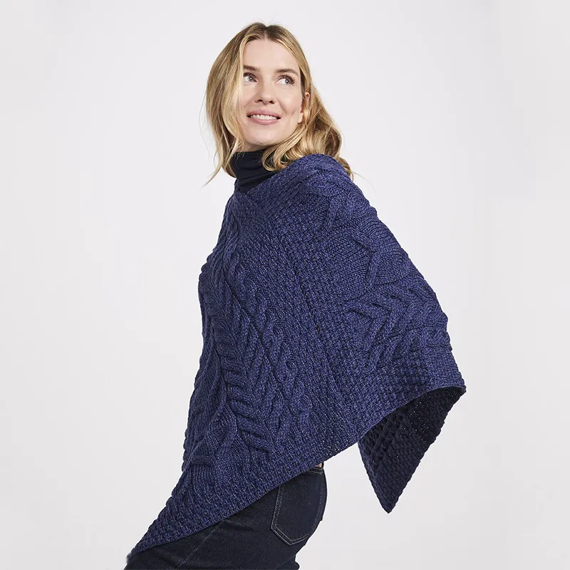 A10109 BLUE Color Super Soft Merino Ladies Irish Poncho Side View Gaelsong