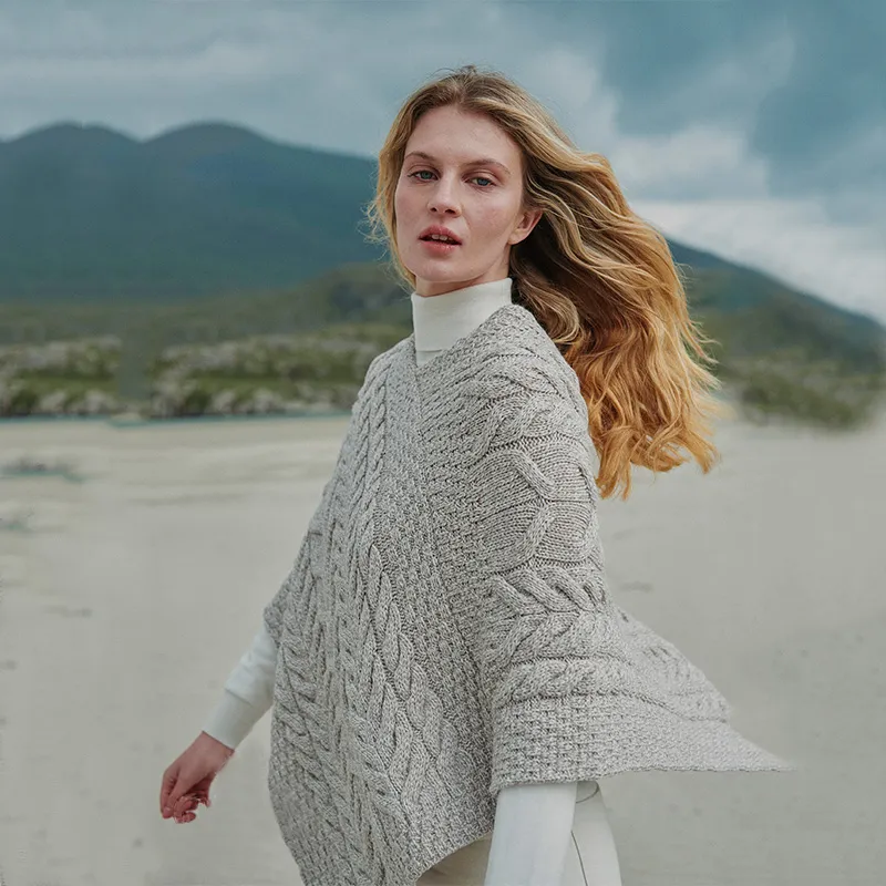 A10109 MISTY GREY Color Super Soft Merino Ladies Irish Poncho Side View Gaelsong