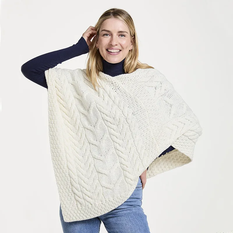 A10109 NATURAL WHITE  Color Super Soft Merino Ladies Irish Poncho Lifestyle Gaelsong