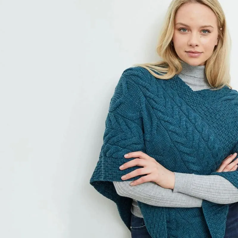 A10109 Color TEAL BLUE SuperSoft Merino Ladies Irish Poncho Gaelsong
