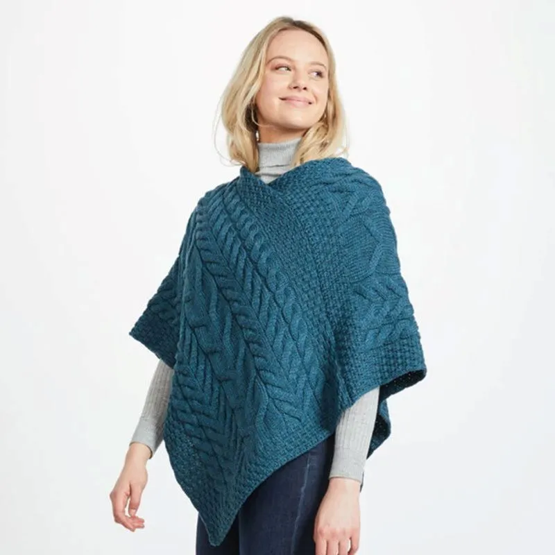 A10109 Color TEAL BLUE SuperSoft Merino Ladies Irish Poncho Front Side Gaelsong