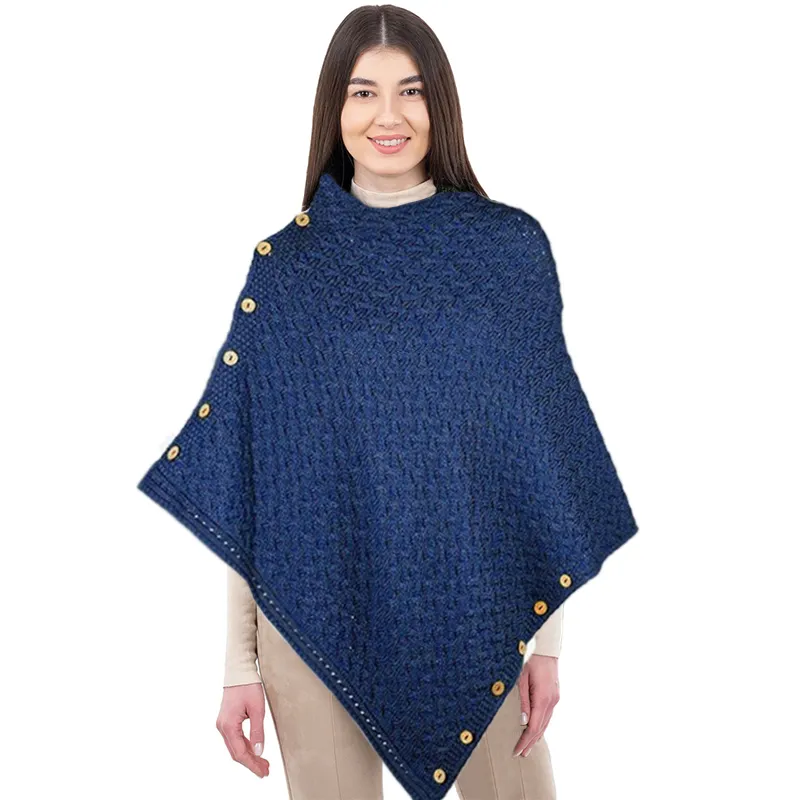A10110 Color BLUE SuperSoft Merino Wool Irish Poncho with Buttons Gaelsong
