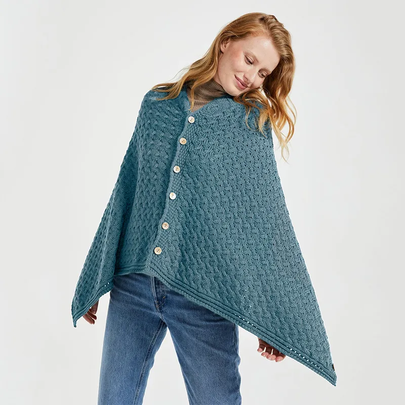 A10110 Color MISTY BLUE SuperSoft Merino Wool Irish Poncho with Buttons Gaelsong