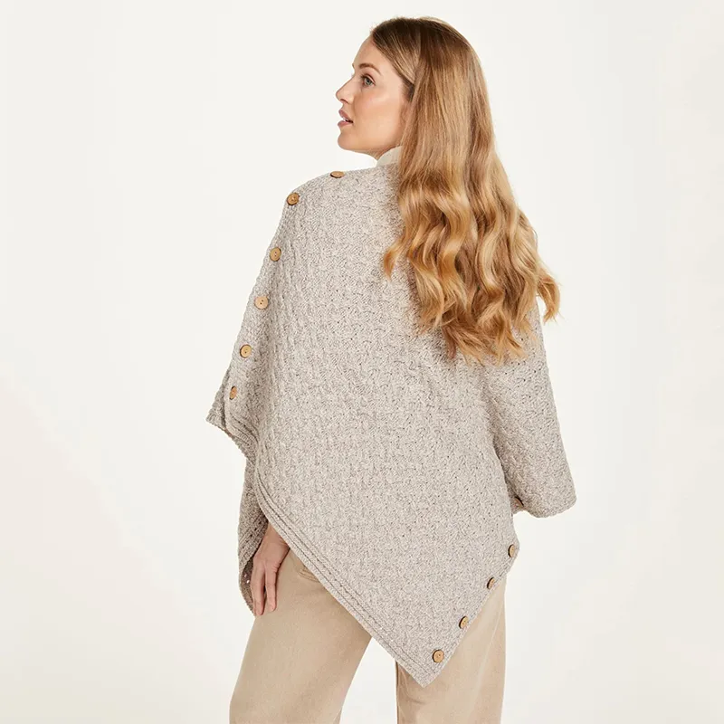 A10110 Color MISTY GREY SuperSoft Merino Wool Irish Poncho with Buttons Back Side Gaelsong