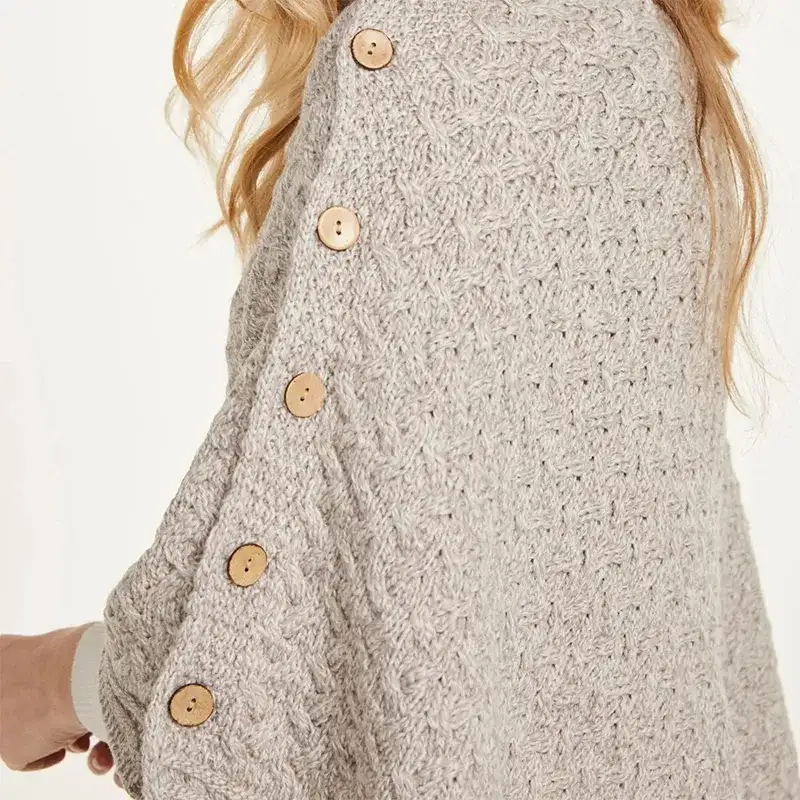 A10110 Color MISTY GREY SuperSoft Merino Wool Irish Poncho with Buttons Detailed Gaelsong
