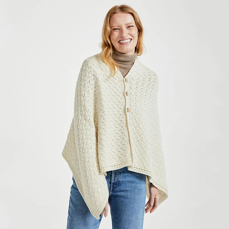 A10110 Color NATURAL WHITE SuperSoft Merino Wool Irish Poncho with Buttons Front Side Gaelsong