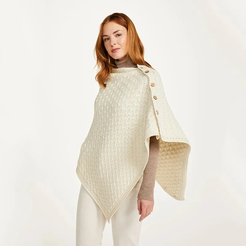 A10110 Color NATURAL WHITE SuperSoft Merino Wool Irish Poncho with Buttons Gaelsong