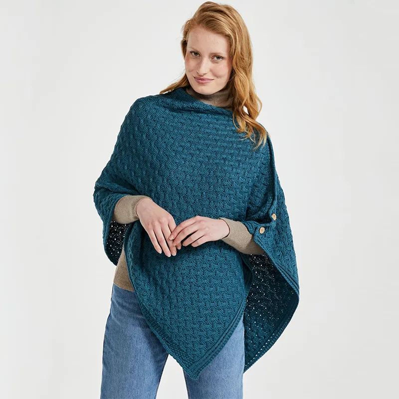 A10110 Color TEAL BLUE SuperSoft Merino Wool Irish Poncho with Buttons Front Side Gaelsong
