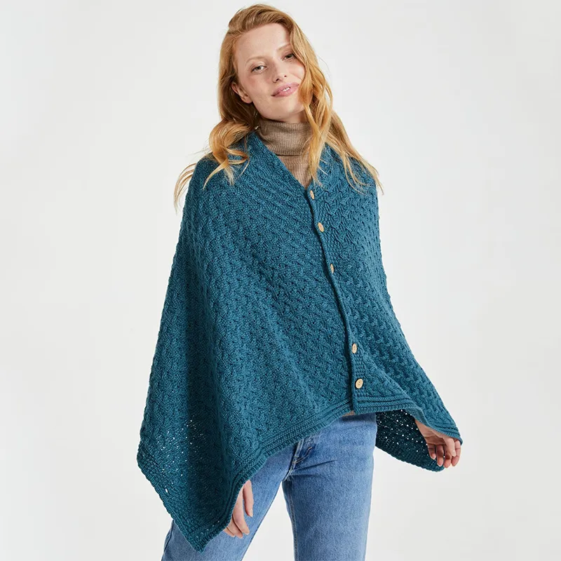 A10110 Color TEAL BLUE SuperSoft Merino Wool Irish Poncho with Buttons Gaelsong