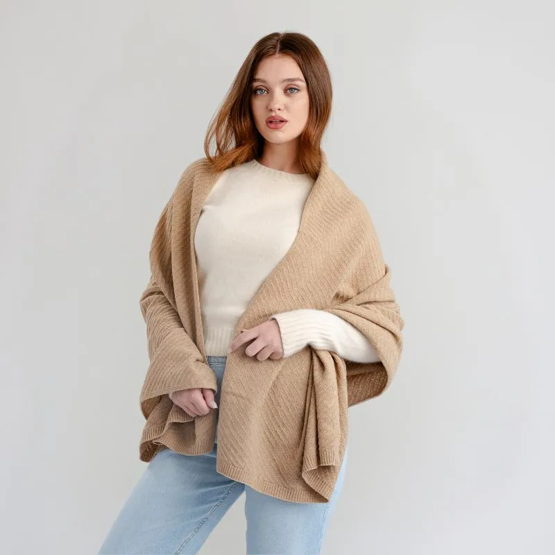 A10113 Women's Lightweight Lambswool Irish Shawl Camel Front Gaelsong