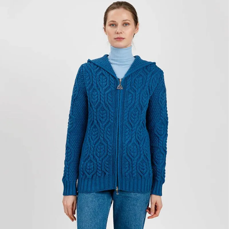 A20087 TEAL BLUE Colour Aran Tree of Life Hoodie Made of Merino Wool Front View  Gaelsong