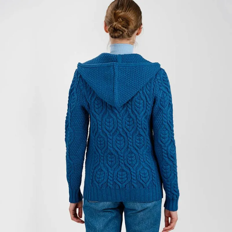 A20087 TEAL BLUE Colour Aran Tree of Life Hoodie Made of Merino Wool Back Side Gaelsong