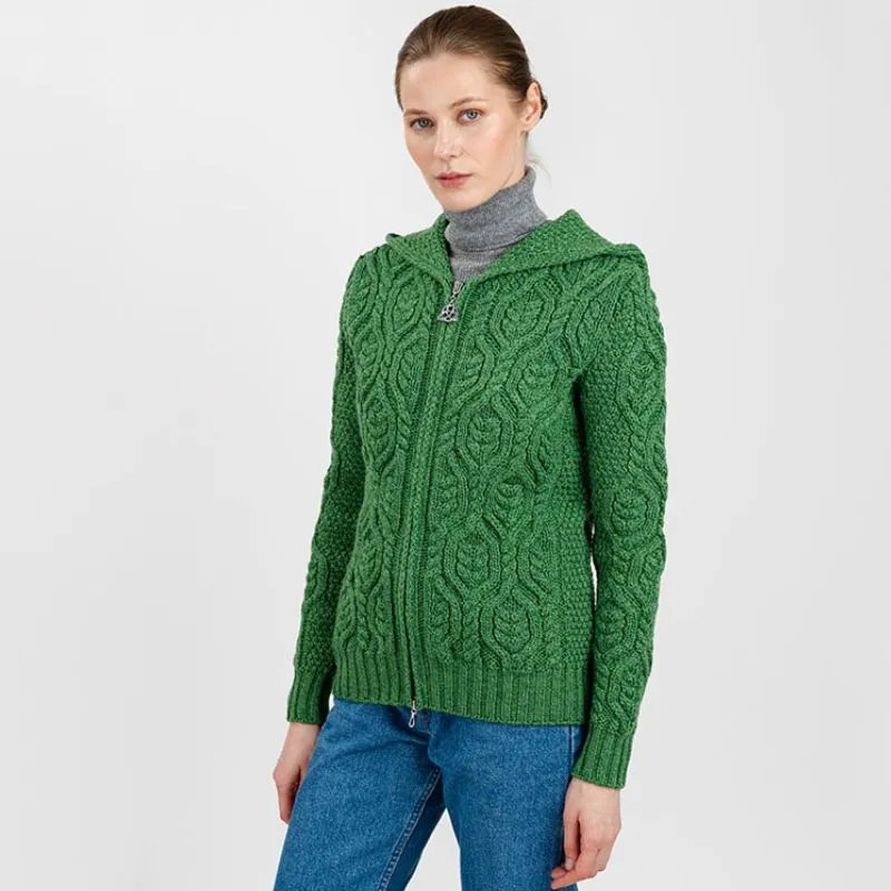 A20087 GREEN Colour Aran Tree of Life Hoodie Made of Merino Wool Gaelsong