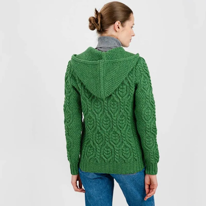 A20087 GREEN Colour Aran Tree of Life Hoodie Made of Merino Wool Gaelsong