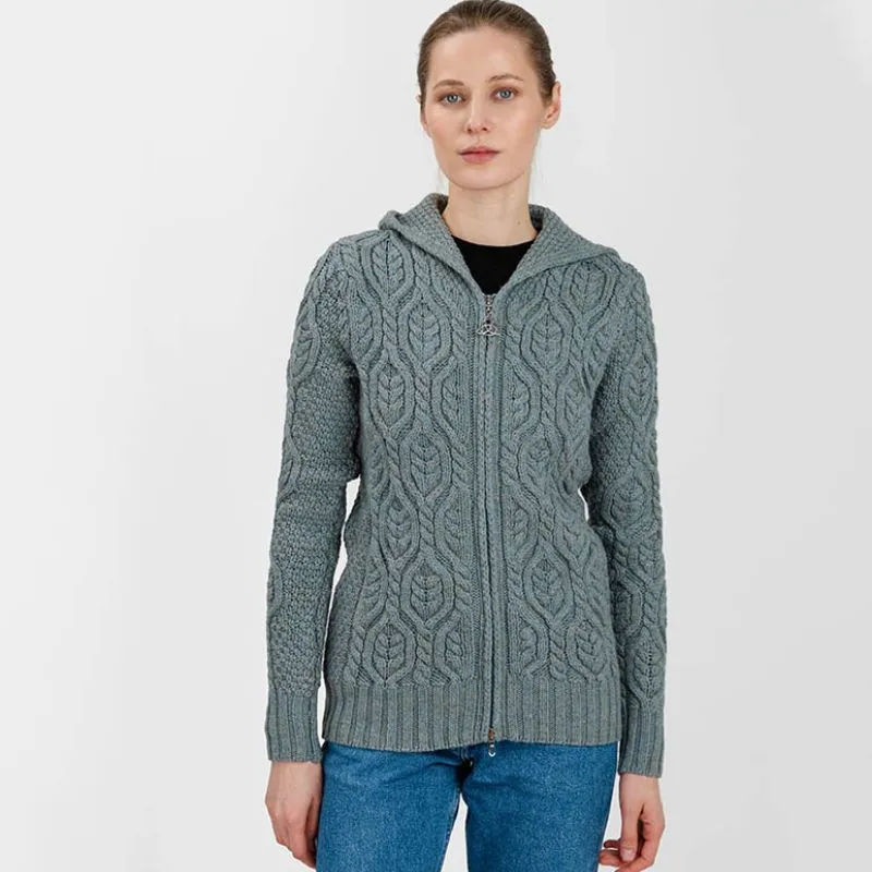 A20087  Aran Tree of Life Hoodie in Misty Blue Colour with Hood Style Gaelsong