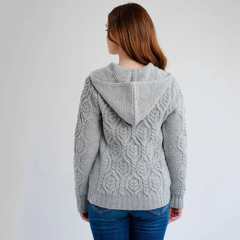 A20087 GREY Colour Aran Tree of Life Hoodie Made of Merino Wool Hood On Style Gaelsong