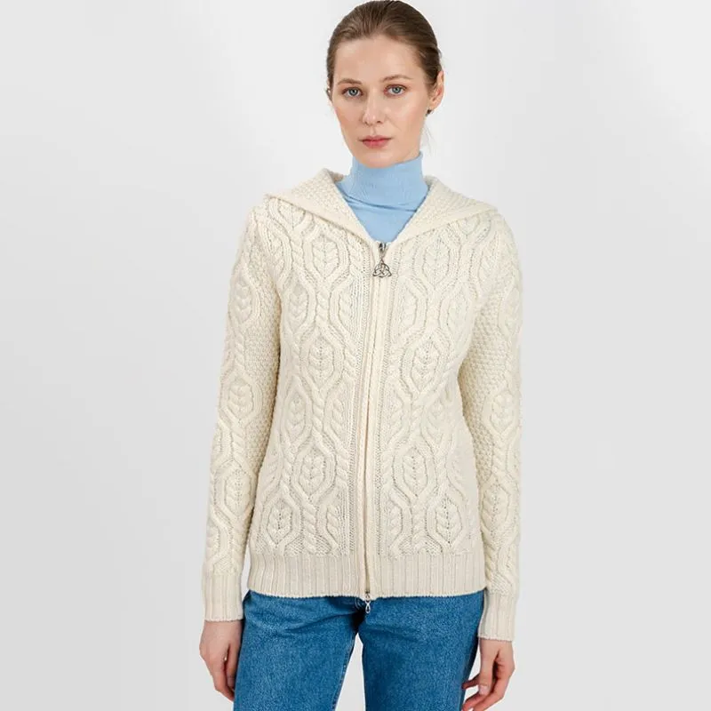 A20087 NATURAL WHITE Colour Aran Tree of Life Hoodie Made of Merino Wool Gaelsong