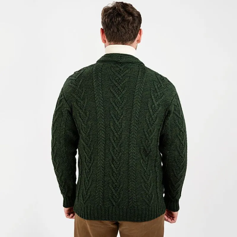 A20112 ARMY GREEN Colour Mens Aran Cable Shawl-Collar Cardigan Studio Back View Gaelsong