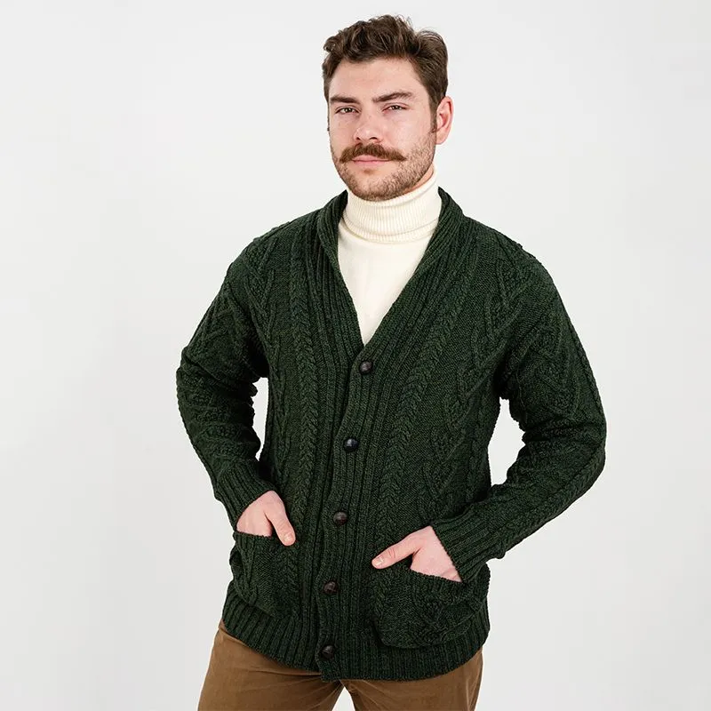 A20112 ARMY GREEN Colour Mens Aran Cable Shawl-Collar Cardigan Front  View Gaelsong