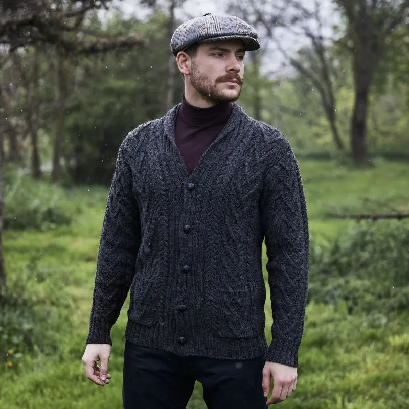 A20112 CHARCOAL Colour Mens Aran Cable Shawl-Collar Cardigan Lifestyle Gaelsong