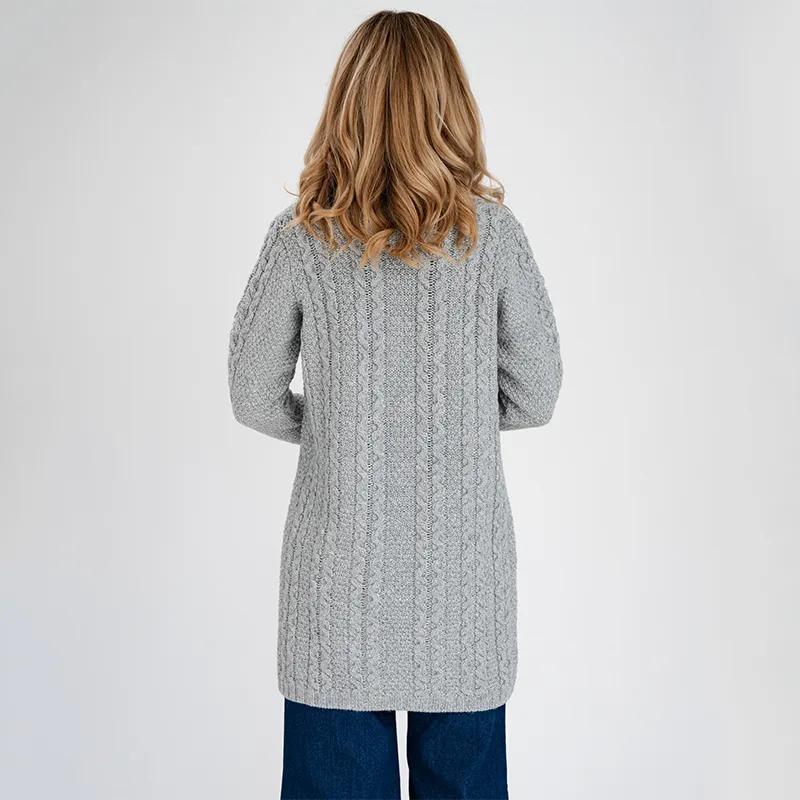 A20131 GREY Colour Shawl Collar Aran Knit Coat Back Side View Gaelsong