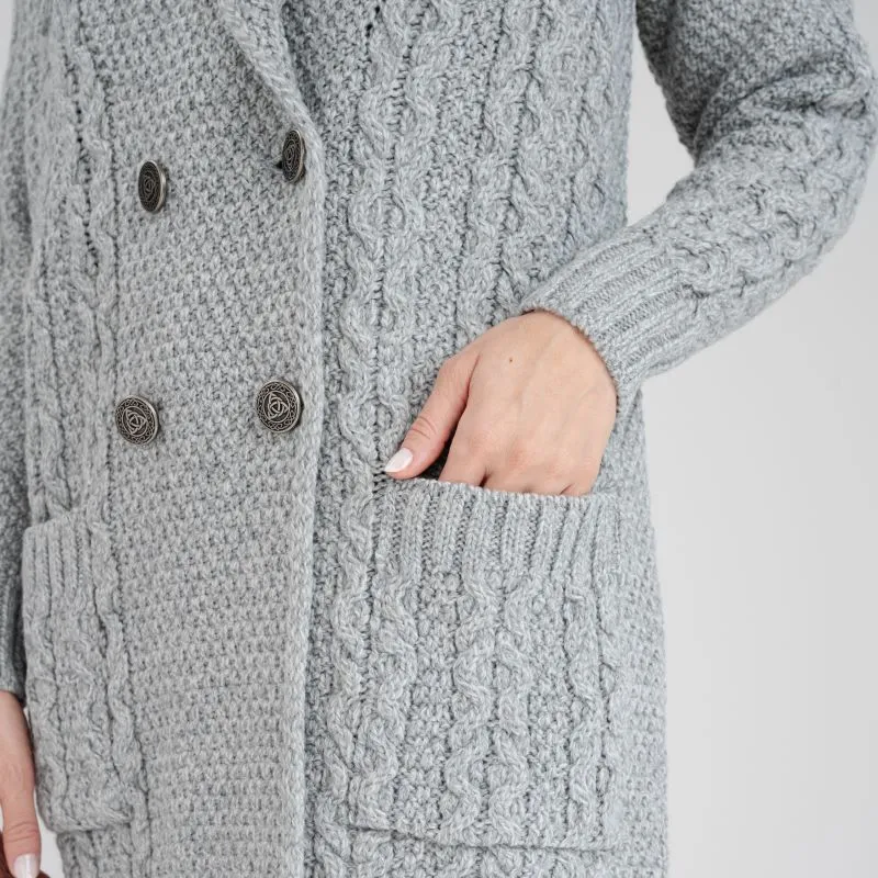 A20131 GREY Colour Shawl Collar Aran Knit Coat Closeup View Buttons Gaelsong