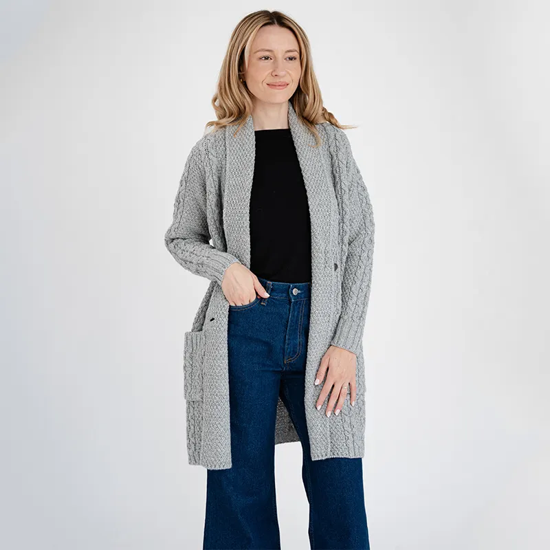 A20131 GREY Colour Shawl Collar Aran Knit Coat Open Front View Gaelsong