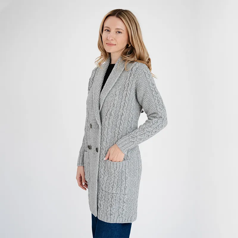 A20131 GREY Colour Shawl Collar Aran Knit Coat Side View Gaelsong