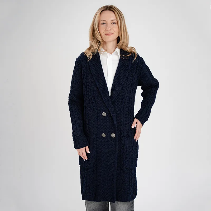 A20131 NAVY Colour Shawl Collar Aran Knit Coat Closeup View  Gaelsong