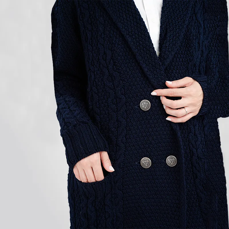 A20131 NAVY Colour Shawl Collar Aran Knit Coat Closeup View Buttons Gaelsong