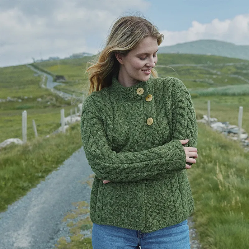 A20145 MEADOW GREEN Colour Asymmetrical Three Button Irish Wool Cardigan Gaelsong