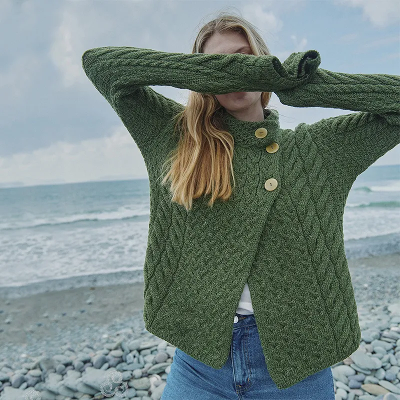 A20145 MEADOW GREEN Colour Asymmetrical Three Button Irish Wool Cardigan Lifestyle Gaelsong