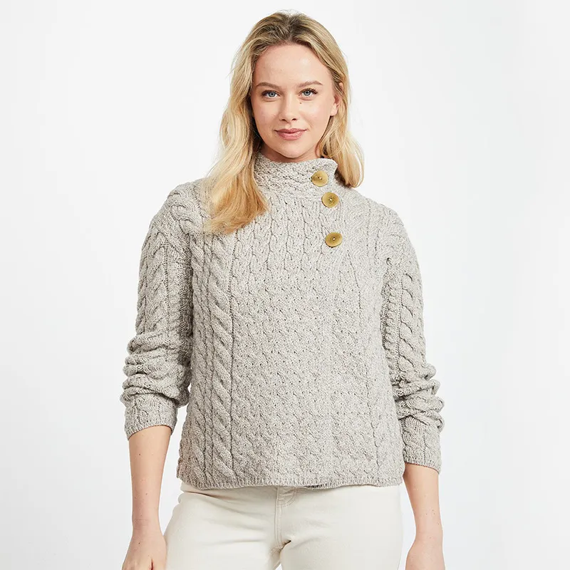 A20145 MISTY GREY Colour Asymmetrical Three Button Irish Wool Cardigan Gaelsong