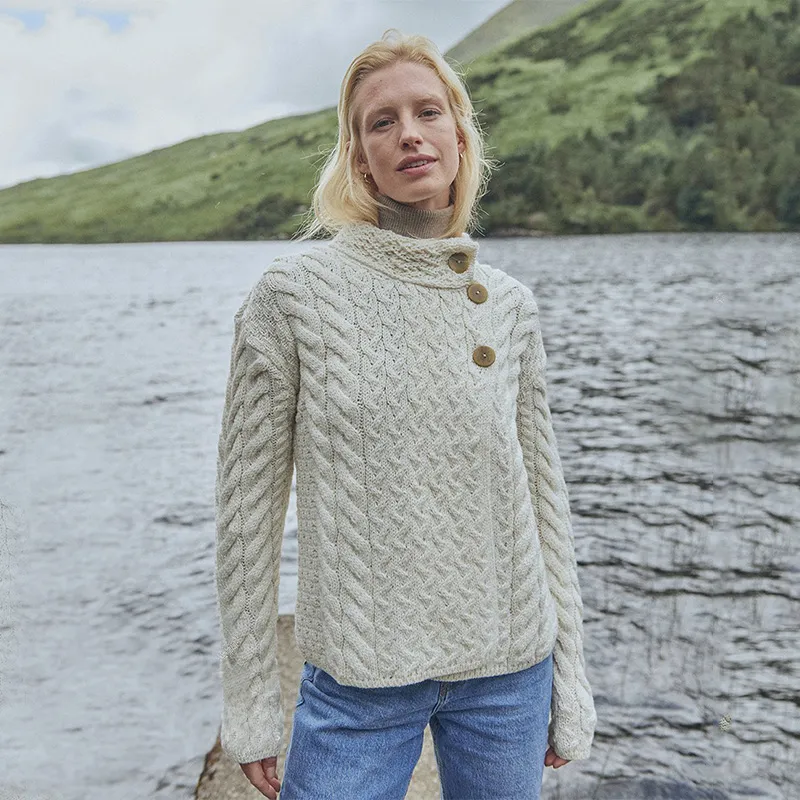 A20145 NATURAL WHITE Colour Asymmetrical Three Button Irish Wool Cardigan Lifestyle Gaelsong
