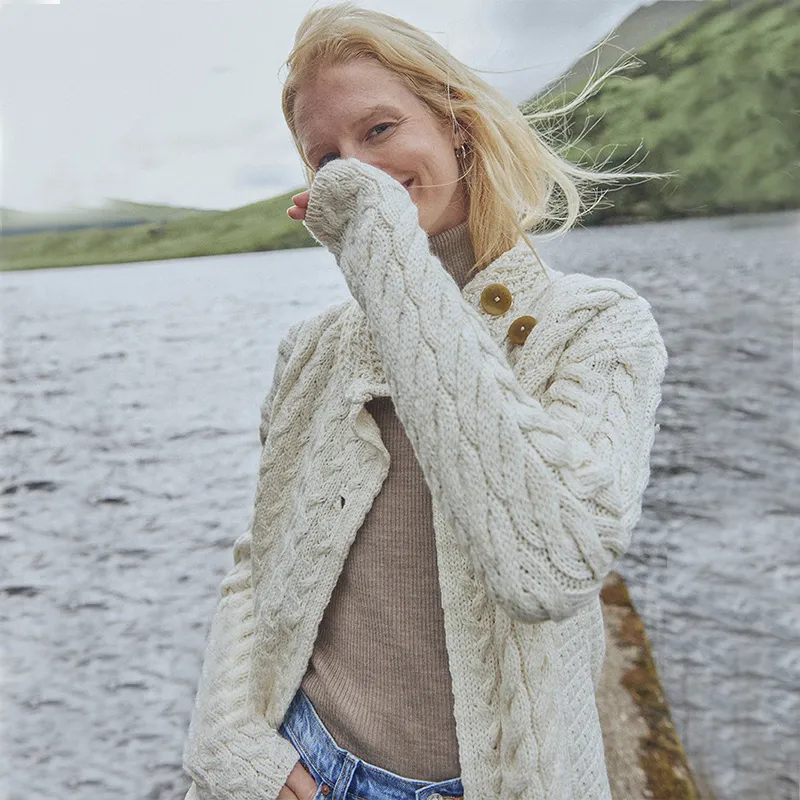 A20145 NATURAL WHITE Colour Asymmetrical Three Button Irish Wool Cardigan Open Front Style Gaelsong