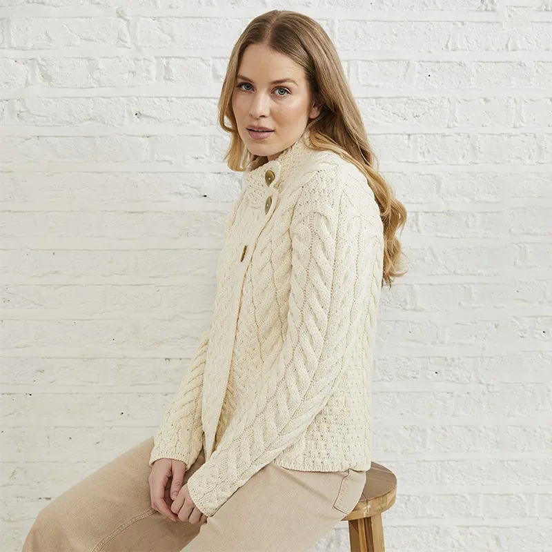 A20145 NATURAL WHITE Colour Asymmetrical Three Button Irish Wool Cardigan Side View  Gaelsong