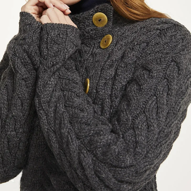 A20145 SLATE GREY ColourAsymmetrical Three Button Irish Wool Cardigan Closeup View Gaelsong