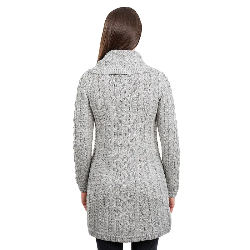 A20156 GREY Colour Asymmetrical Sweater Coat Made of Merino Wool Back Side View Gaelsong